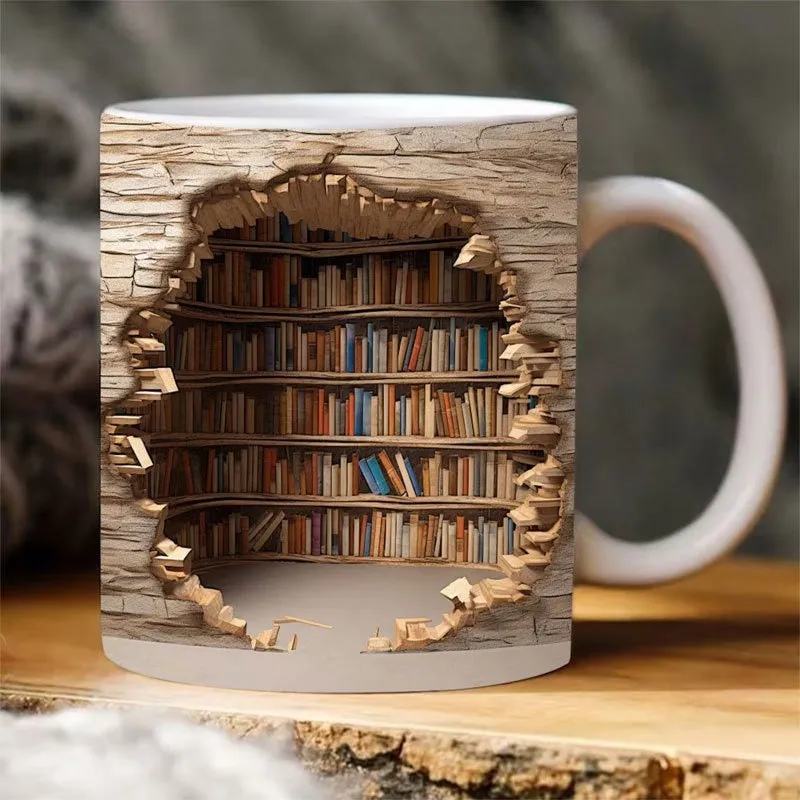 3D bookshelf ceramic mug with handle, library print, 350ml capacity, 9.8x8cm
