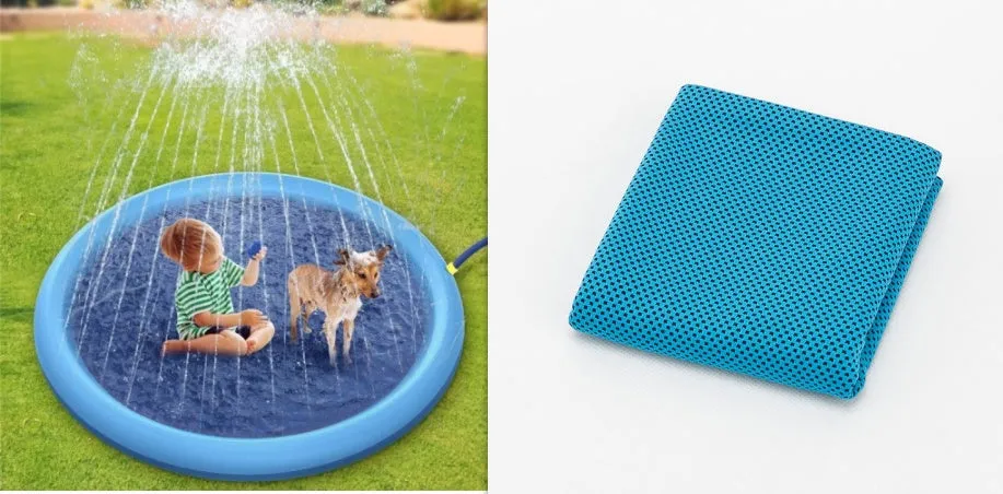 Blue non-slip PVC splash pad for kids and pets, 150cm, on a grassy lawn
