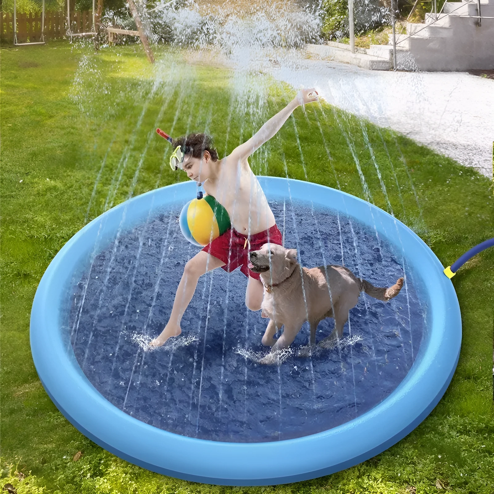 Blue non-slip PVC splash pad for kids and pets, 150cm, on a grassy lawn