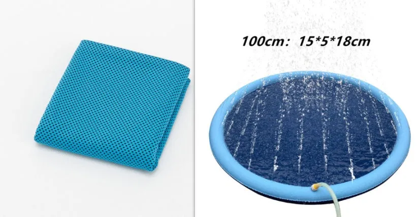 Blue non-slip PVC splash pad for kids and pets, 150cm, on a grassy lawn