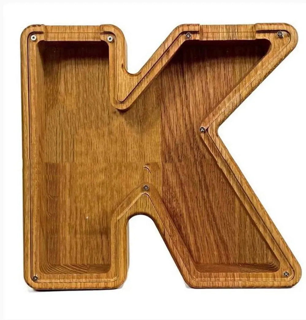 Wooden letter piggy bank in Nordic style polished wood personalised initial coin saving box