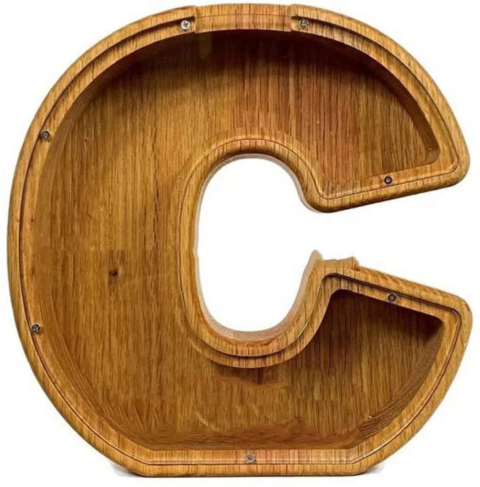 Wooden letter piggy bank in Nordic style polished wood personalised initial coin saving box