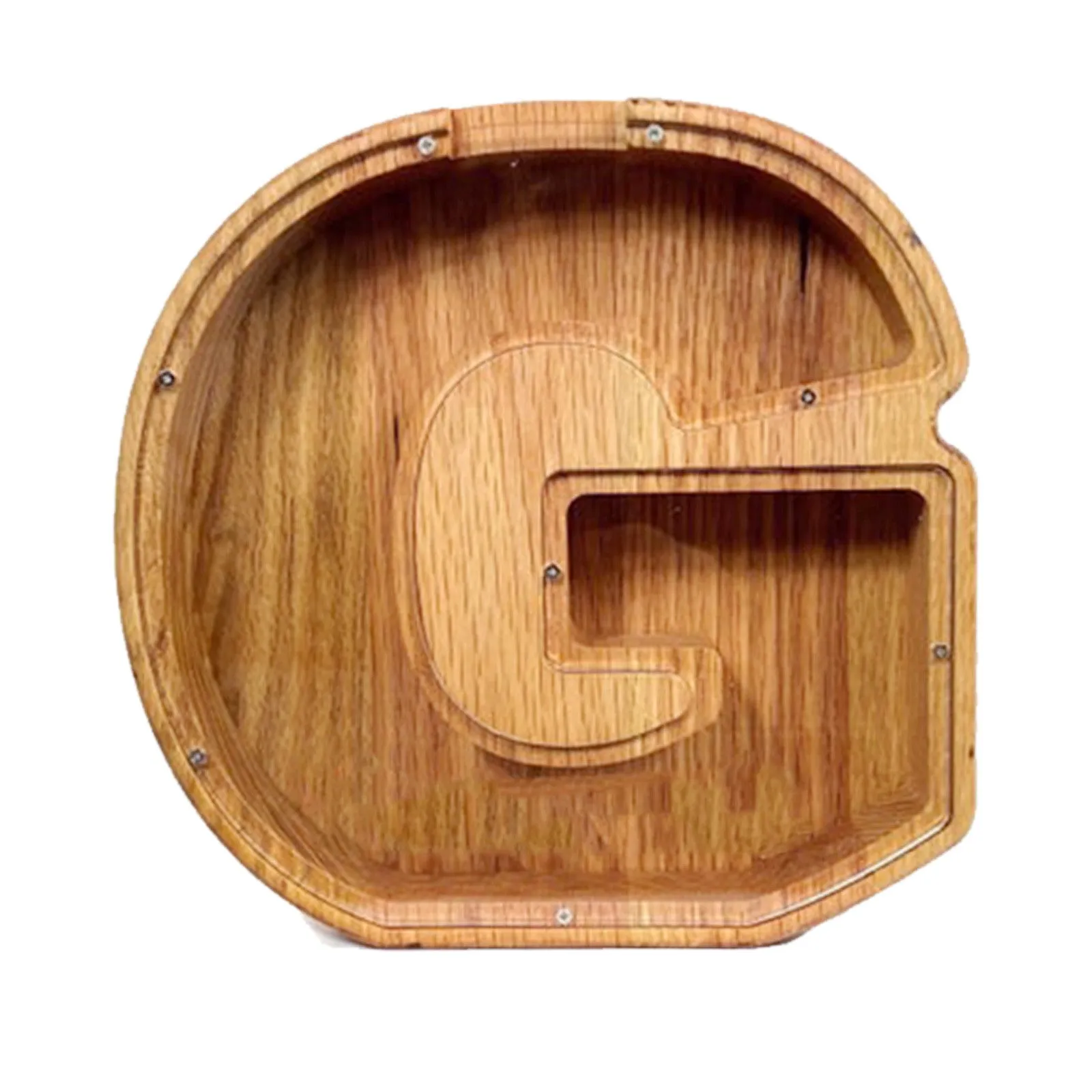 Wooden letter piggy bank in Nordic style polished wood personalised initial coin saving box