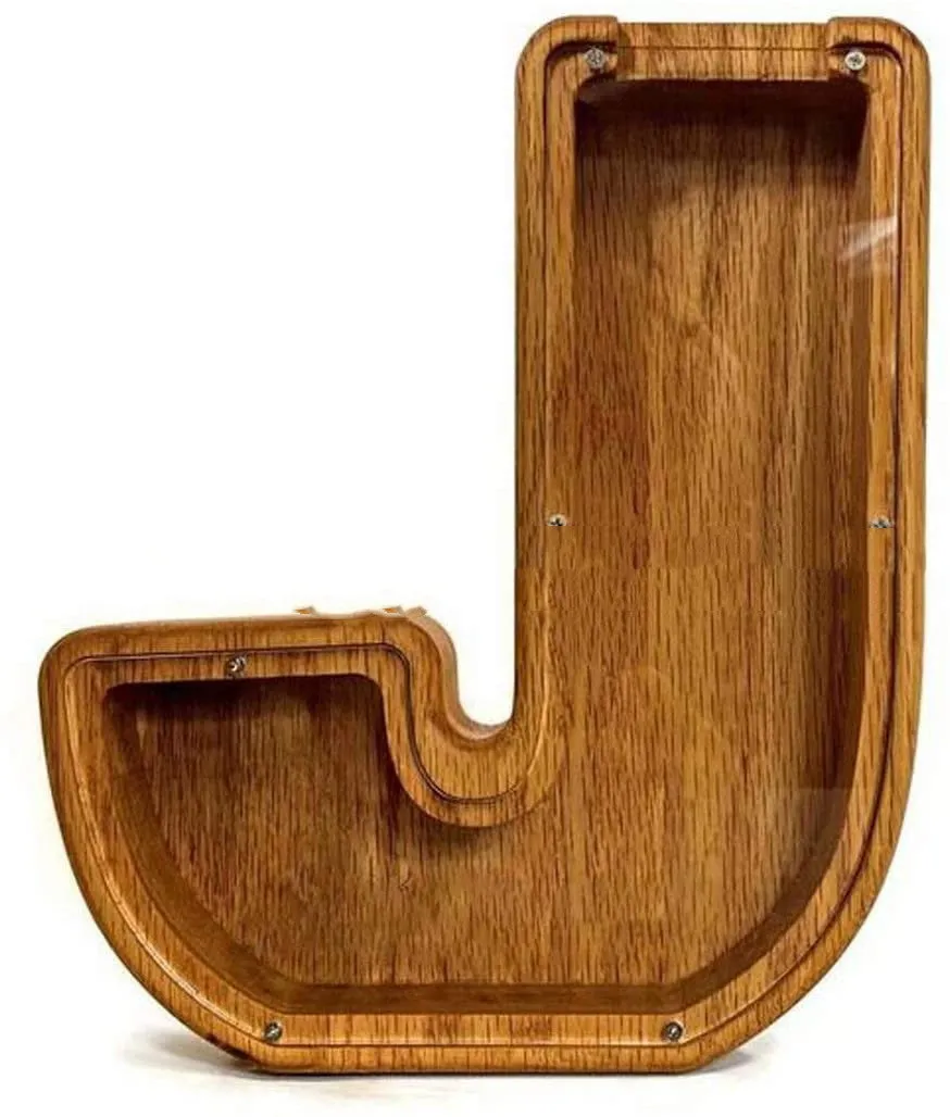 Wooden letter piggy bank in Nordic style polished wood personalised initial coin saving box