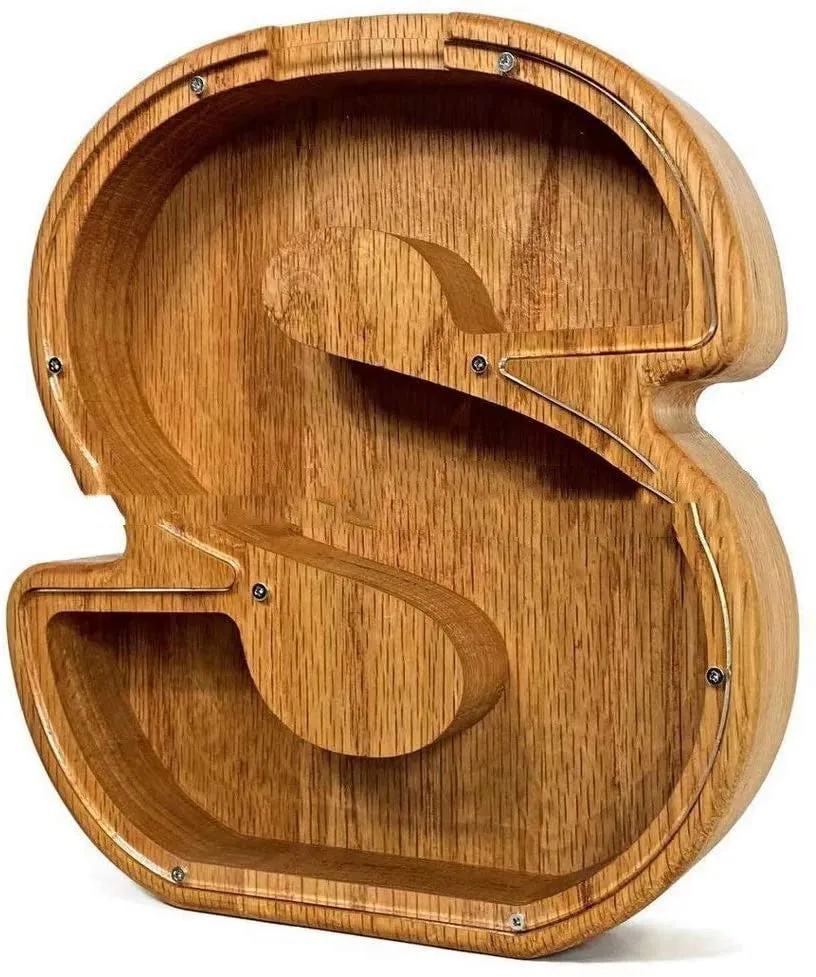 Wooden letter piggy bank in Nordic style polished wood personalised initial coin saving box