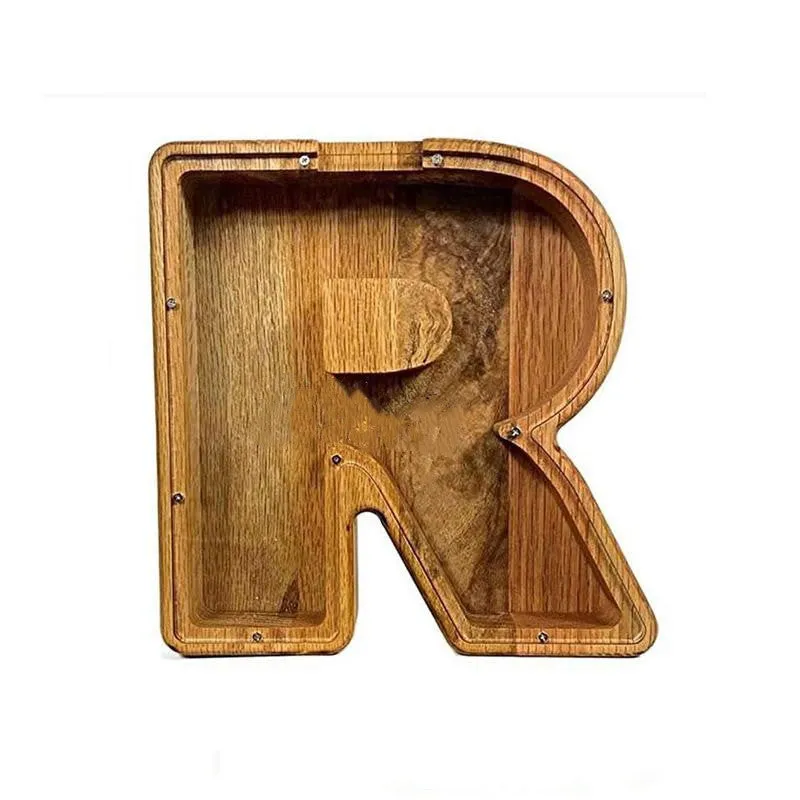 Wooden letter piggy bank in Nordic style polished wood personalised initial coin saving box
