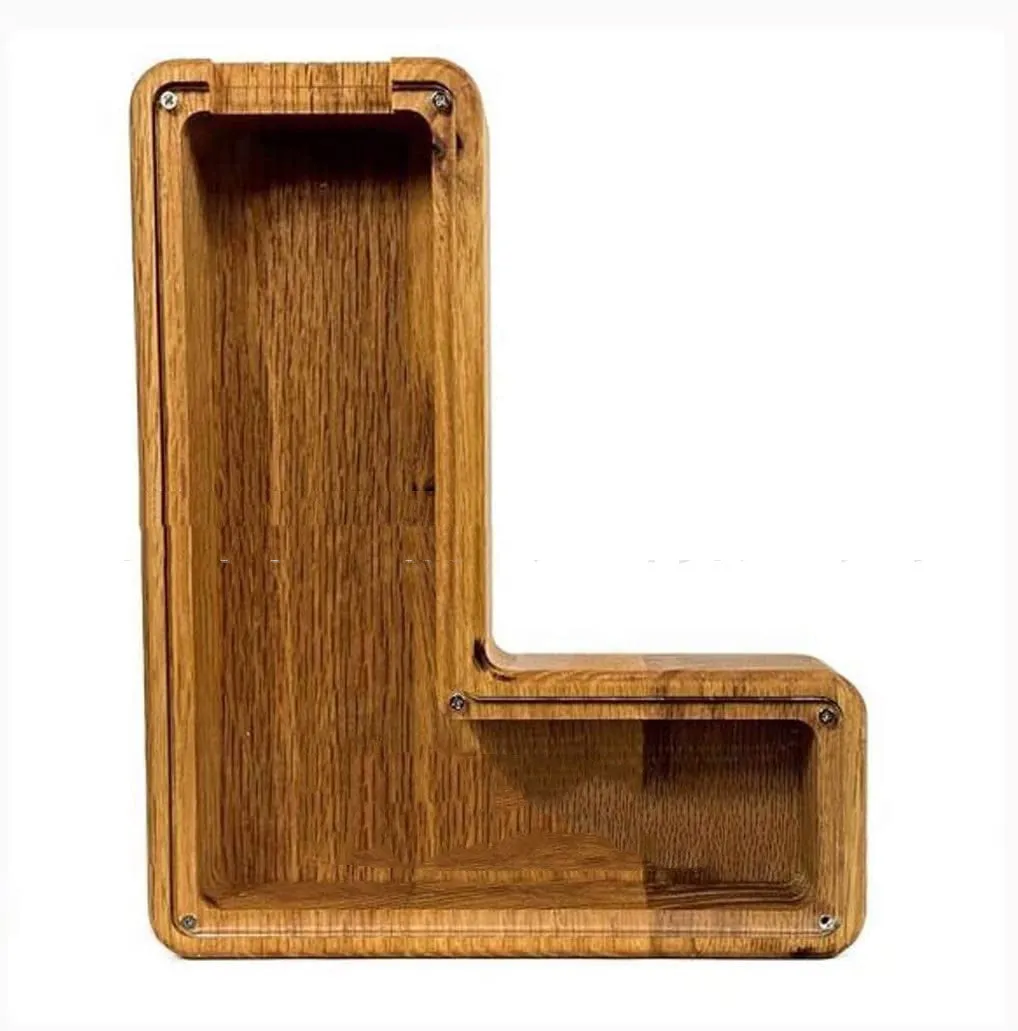 Wooden letter piggy bank in Nordic style polished wood personalised initial coin saving box