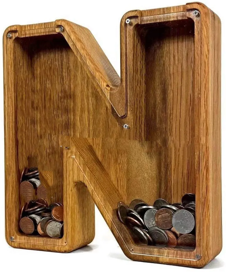 Wooden letter piggy bank in Nordic style polished wood personalised initial coin saving box