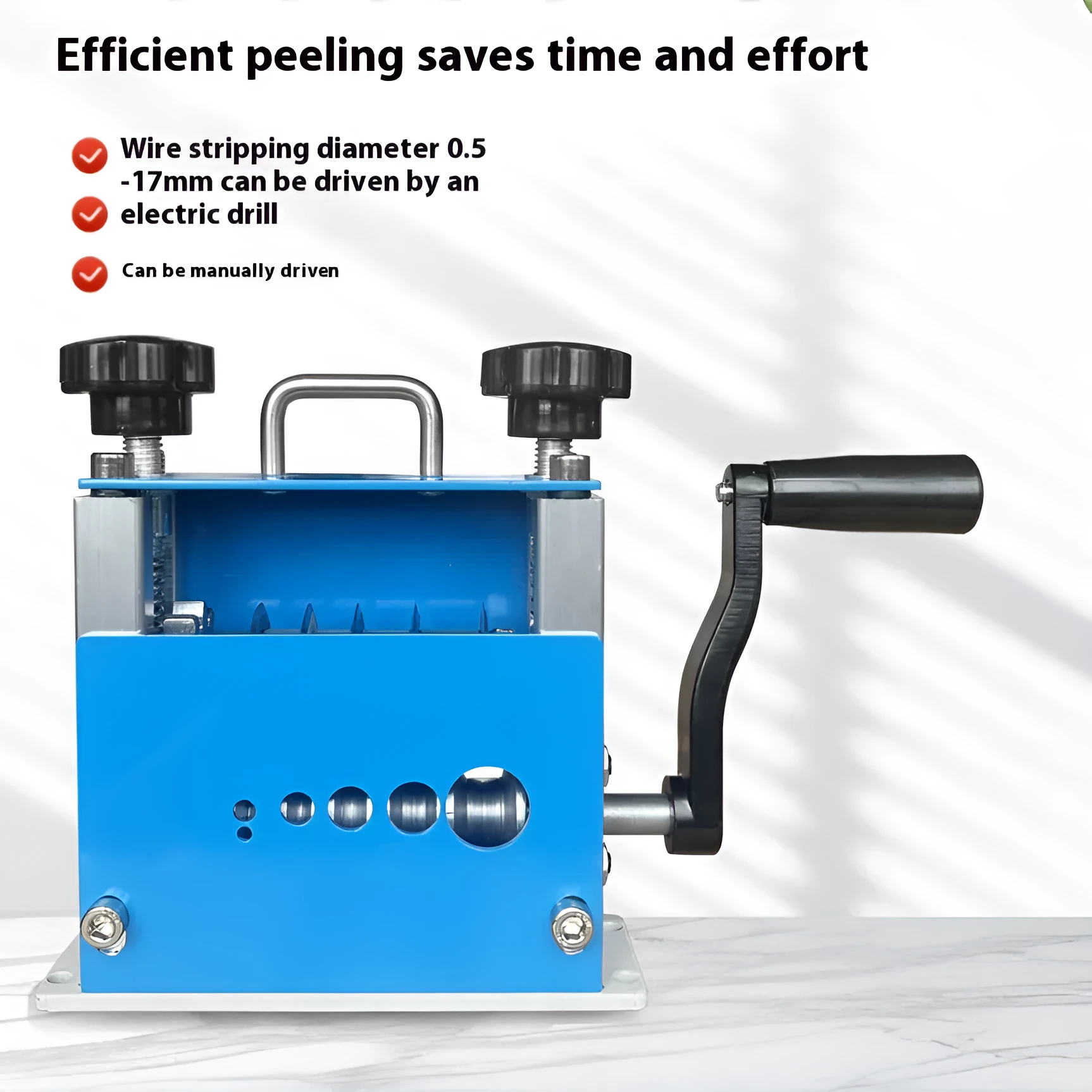 SD-017 manual wire stripping machine on a workbench, showing adjustable blades for cables from 0.5mm to 17mm diameter.