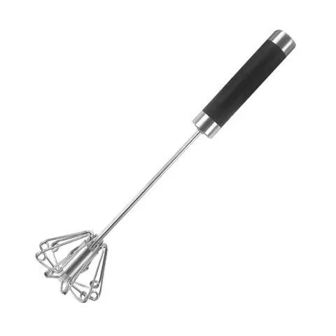 Self spinning whisk with stainless steel head and black handle on white background
