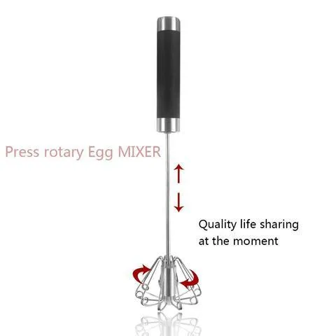 Self spinning whisk with stainless steel head and black handle on white background