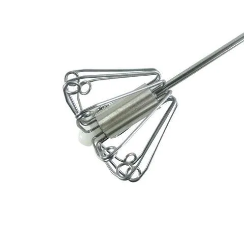 Self spinning whisk with stainless steel head and black handle on white background