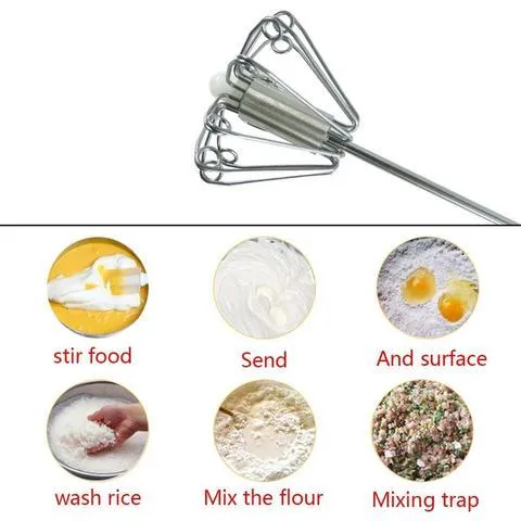 Self spinning whisk with stainless steel head and black handle on white background