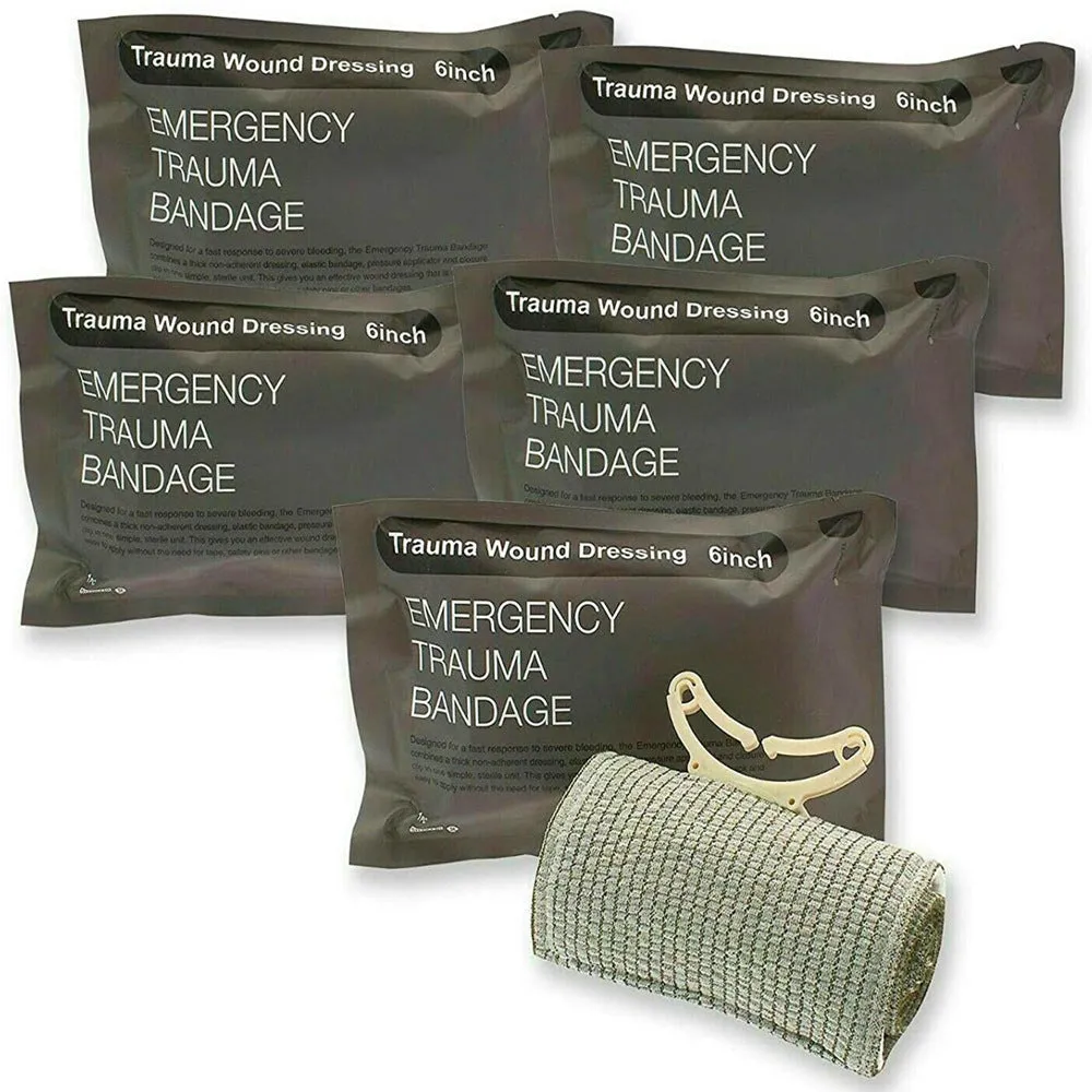 Taupe camouflage tactical first aid bag with 35-piece survival kit including bandages, tourniquet, and scissors