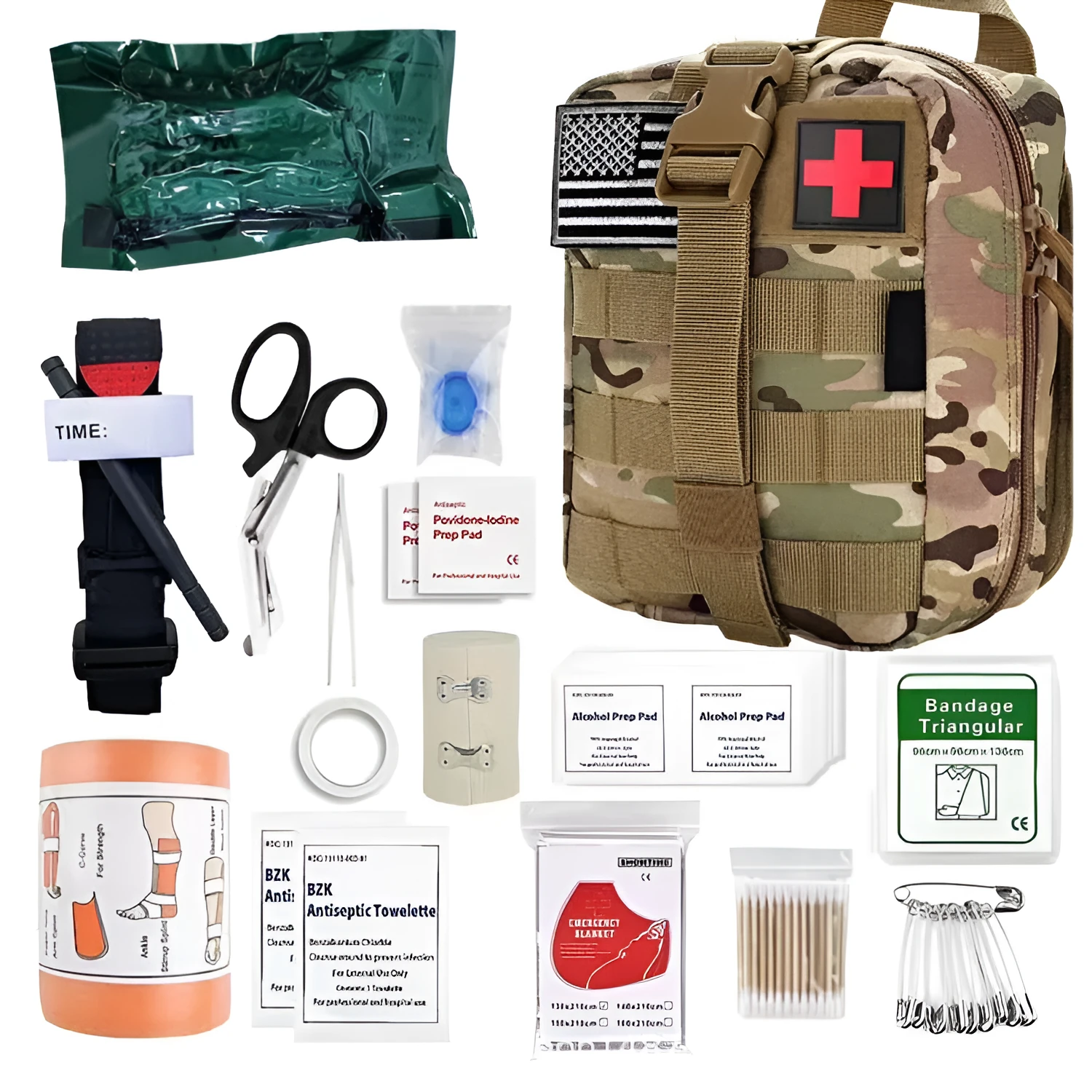 Taupe camouflage tactical first aid bag with 35-piece survival kit including bandages, tourniquet, and scissors