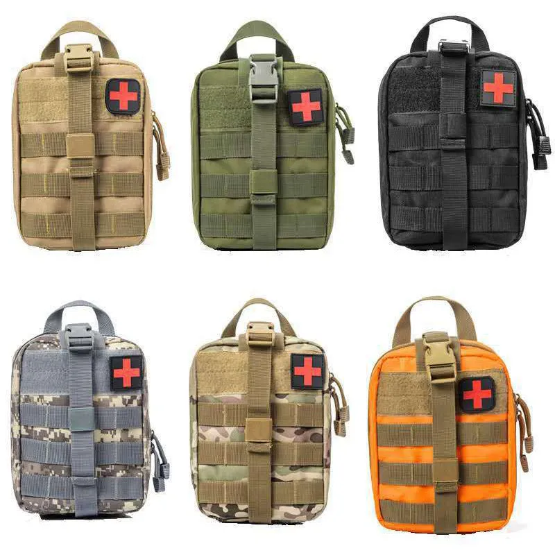 Taupe camouflage tactical first aid bag with 35-piece survival kit including bandages, tourniquet, and scissors