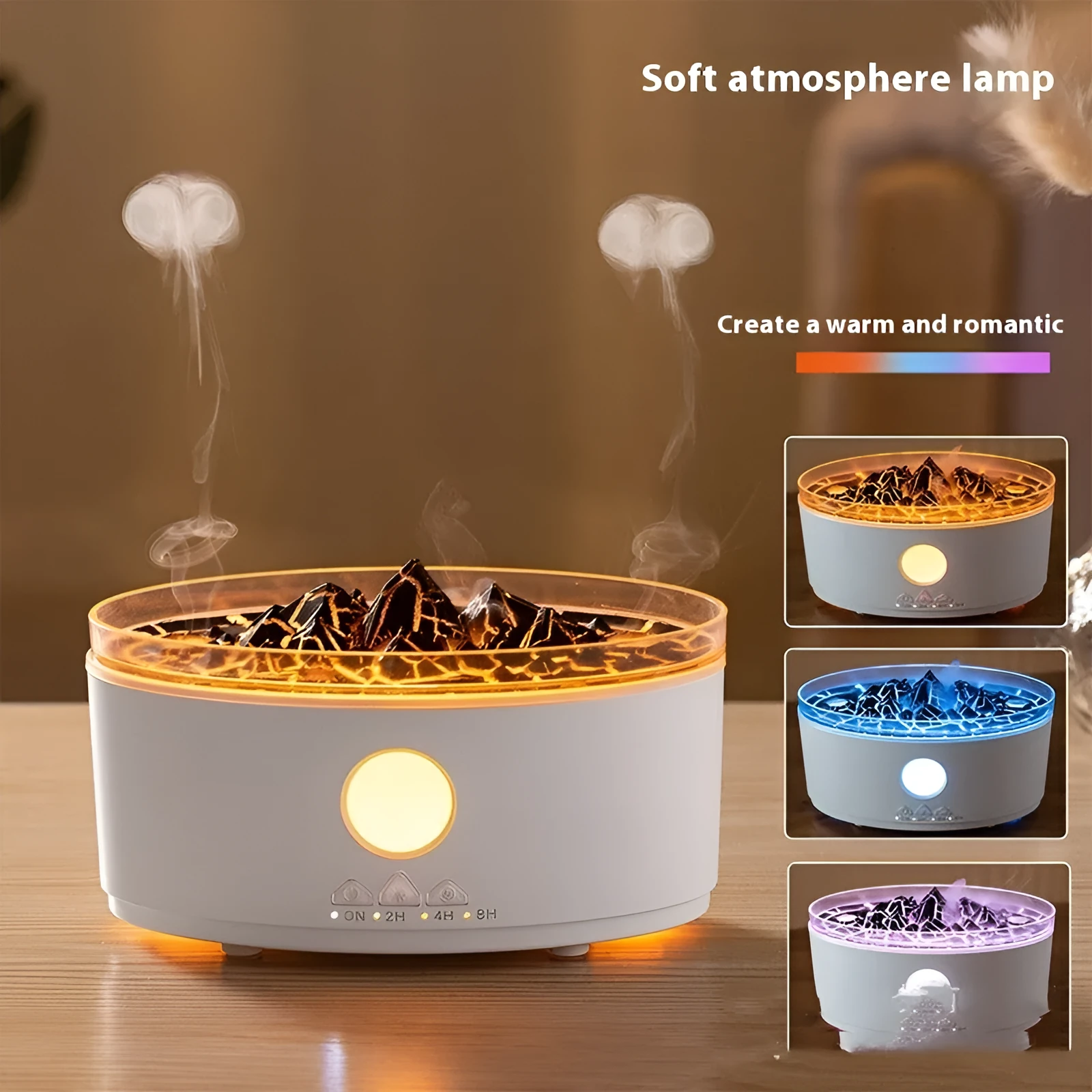 Desktop volcano aroma diffuser humidifier with 300mL tank and remote control in white crack finish