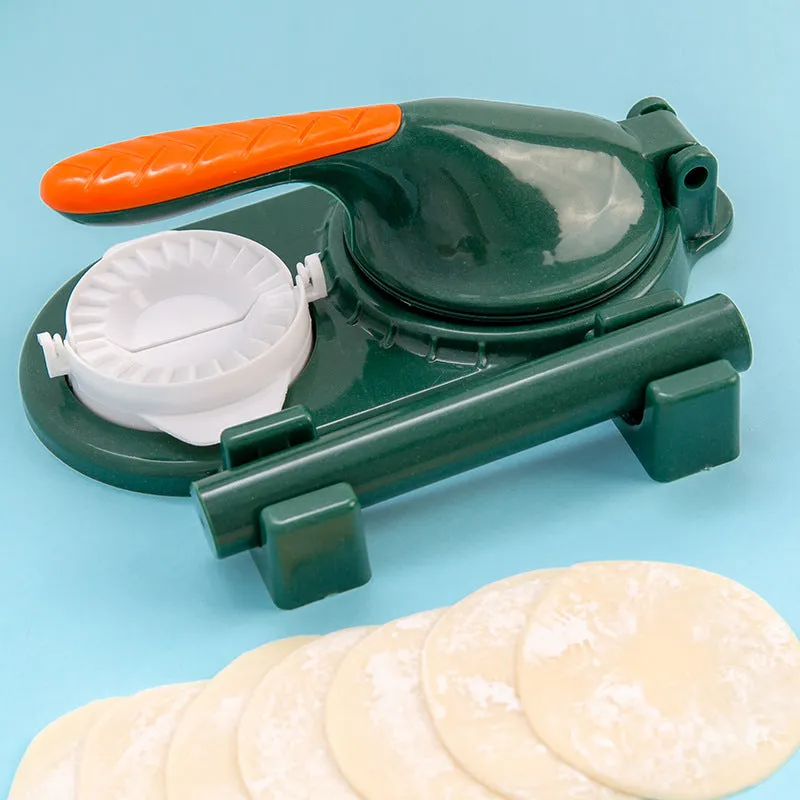 3 In 1 plastic dumpling maker with rolling pin and moulds, green colour, on kitchen countertop