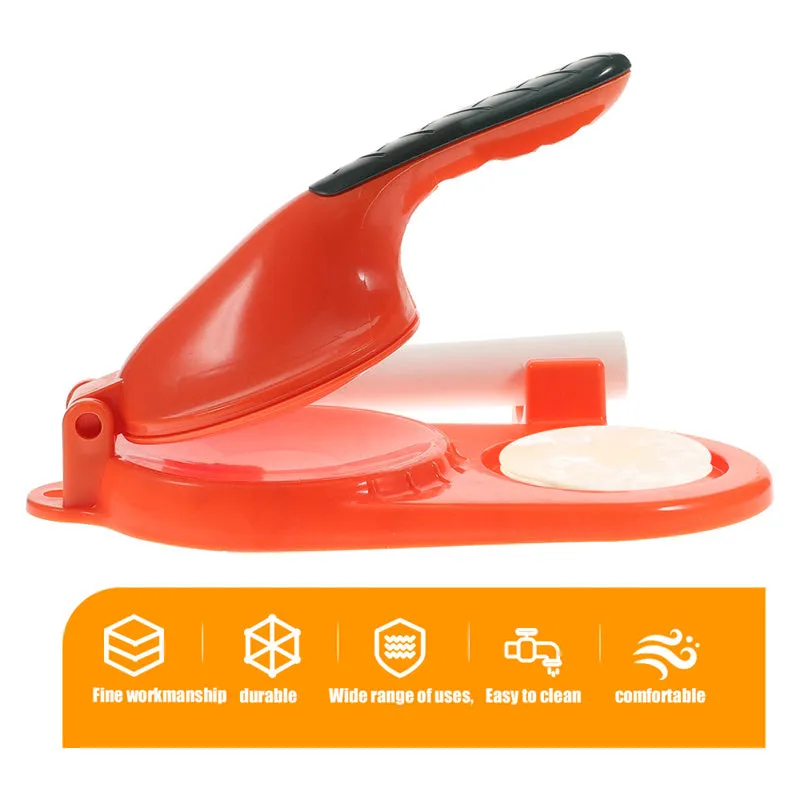 3 In 1 plastic dumpling maker with rolling pin and moulds, green colour, on kitchen countertop
