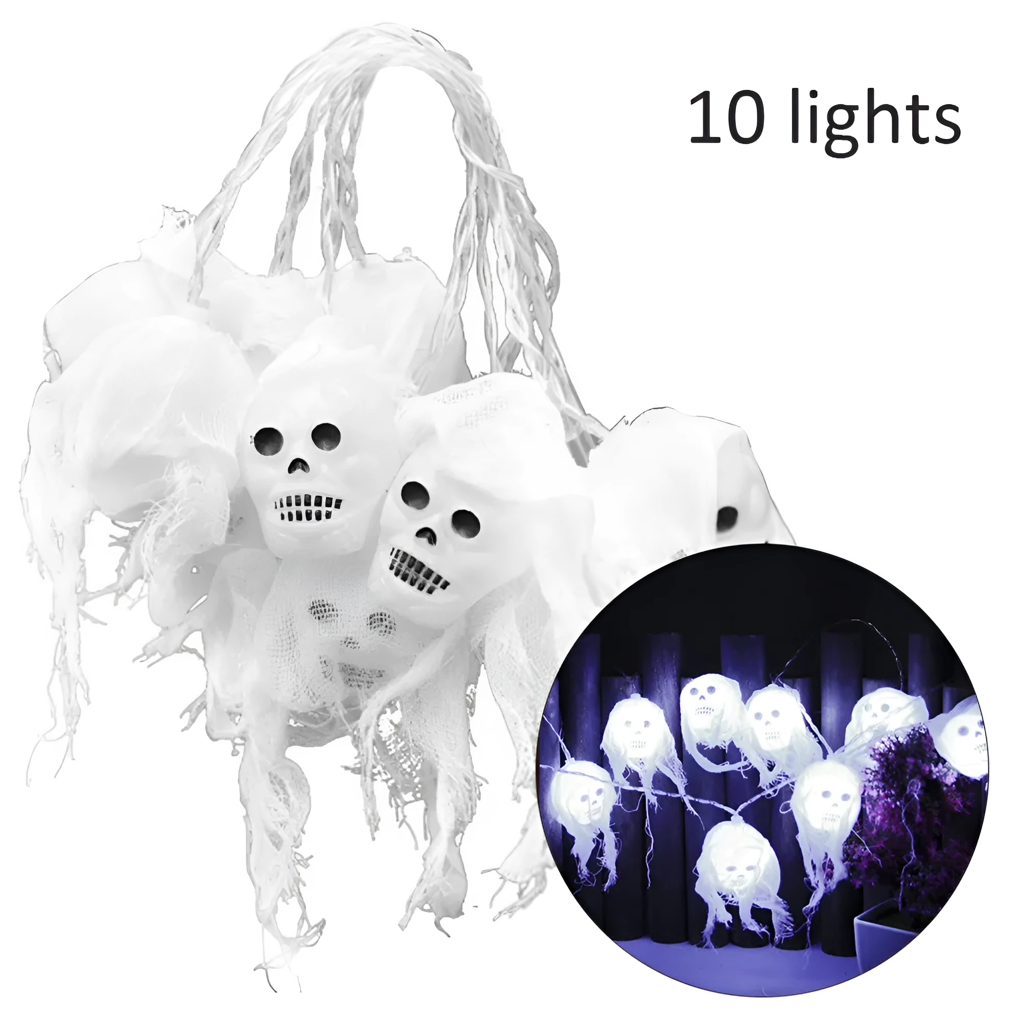 LED Halloween lights with ghost head and yarn design, 2.5 metre plastic shell string lights in colourful option
