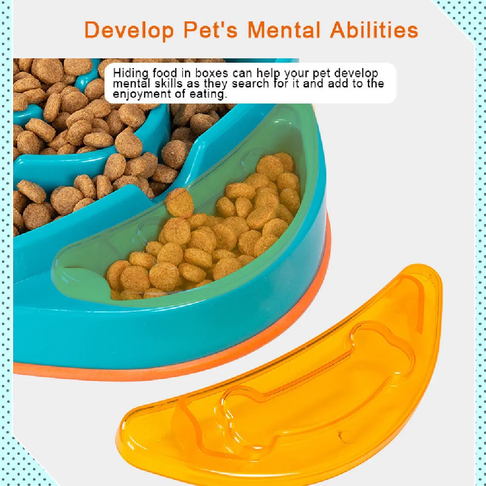 Green and orange pet slow food dispenser measuring 31cm x 30cm x 5.5cm made from PP material