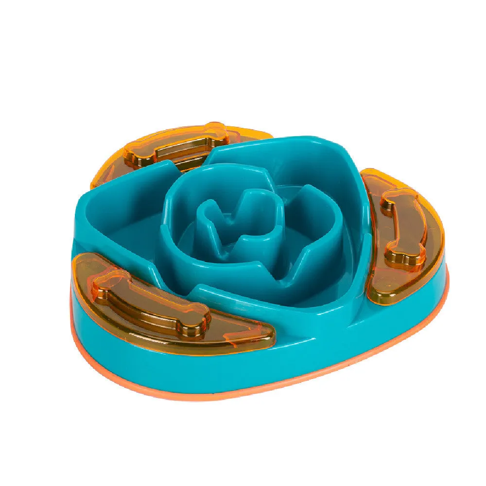 Green and orange pet slow food dispenser measuring 31cm x 30cm x 5.5cm made from PP material