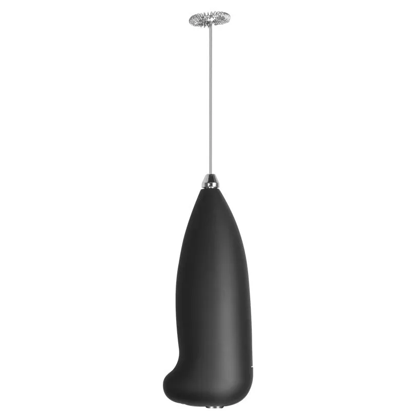 Home mini electric plastic milk frother in black on white background, 5x3x21cm