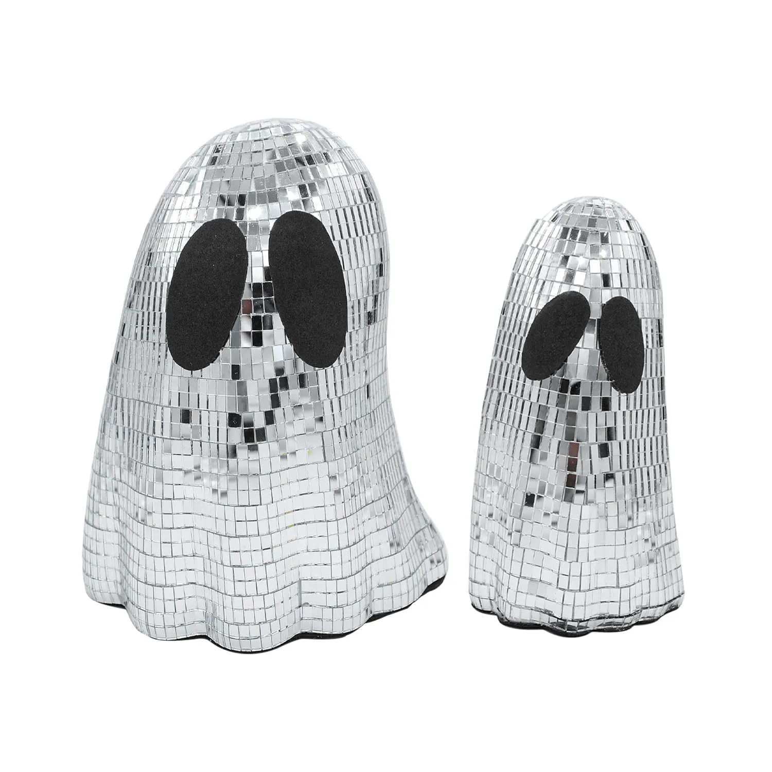 Silver glass Halloween ghost decoration with mosaic mirror patch design on a desktop.