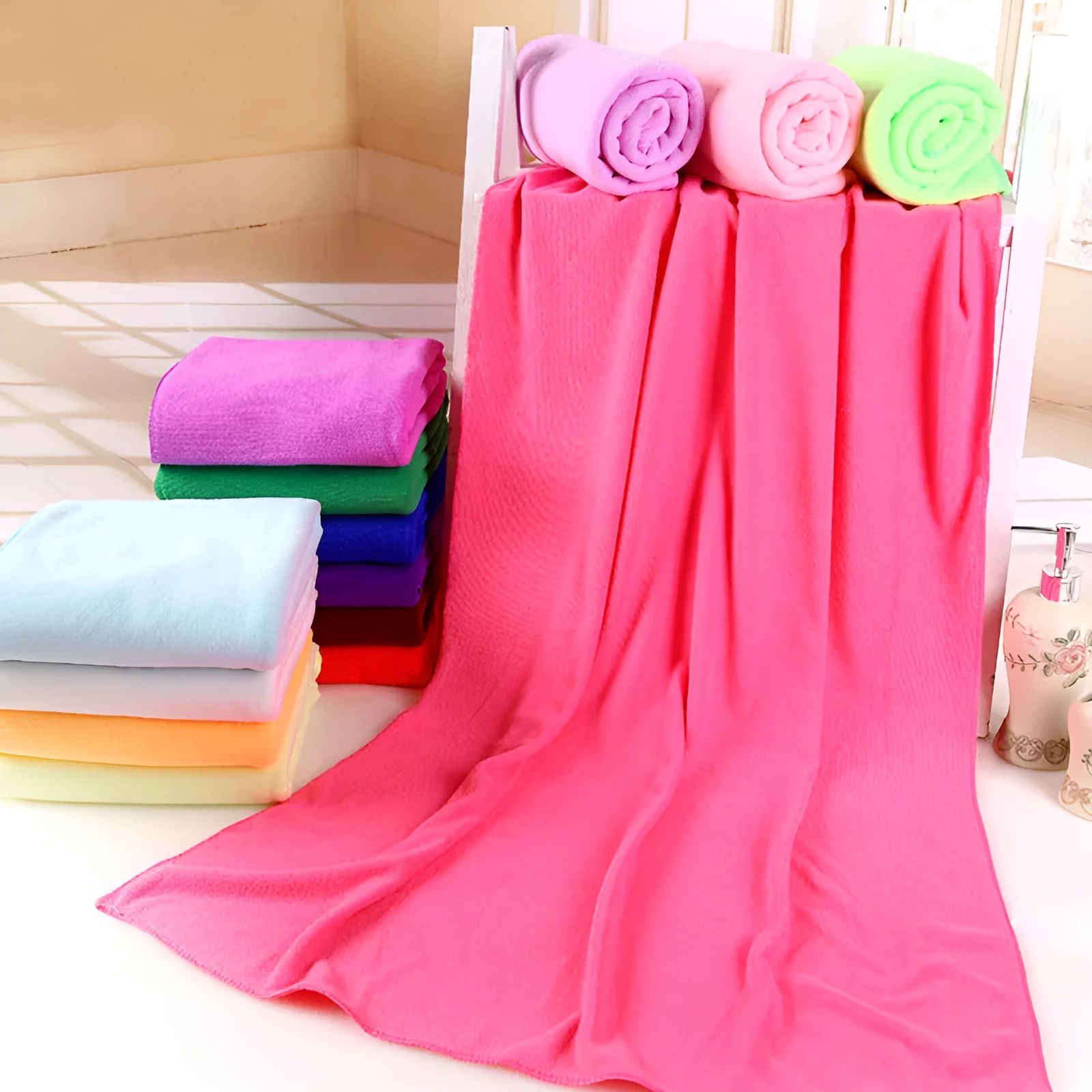 Microfiber bath towel 70 x 140cm in beige, blue, brown, green, pink, purple, red, white, yellow