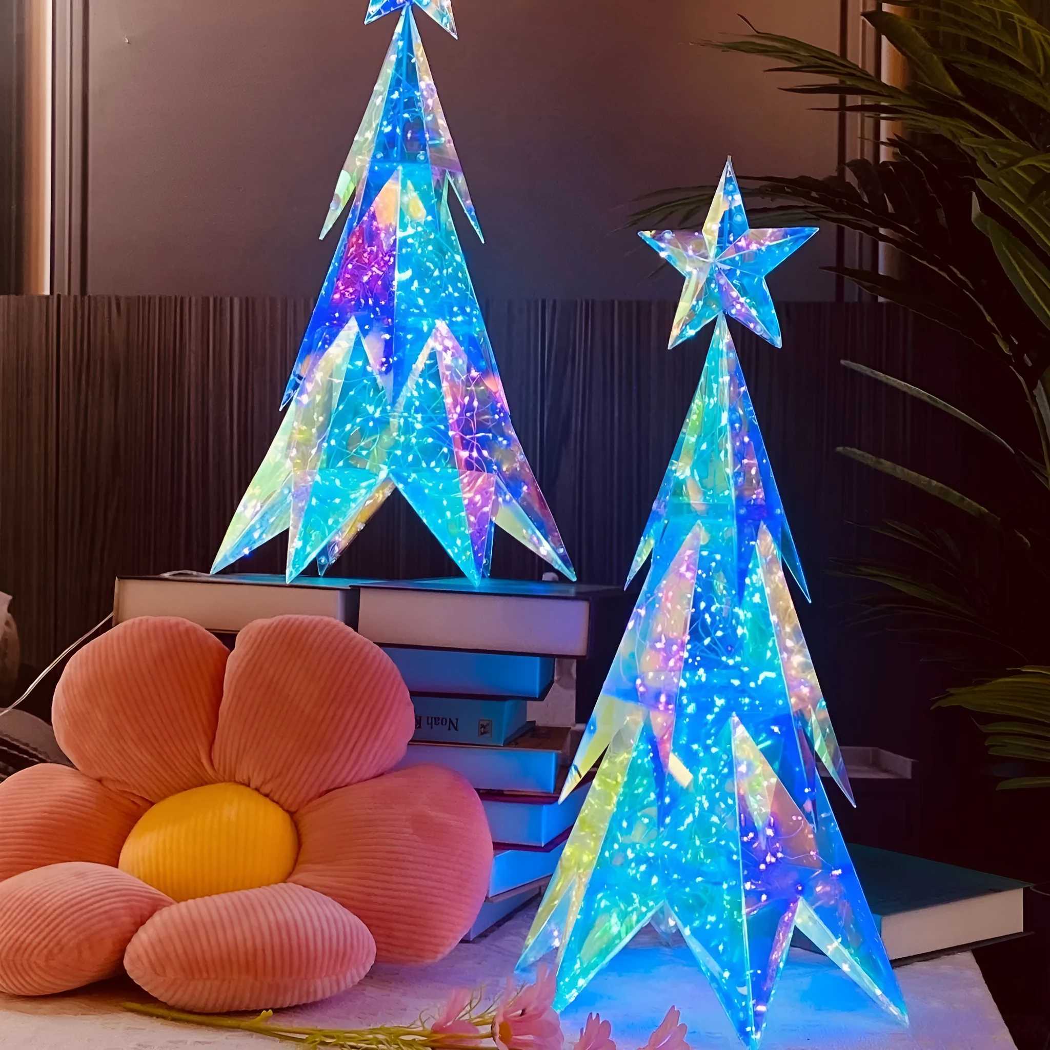 Illusory Glow Christmas Tree decoration in PET material with USB cable, glowing on a festive tabletop