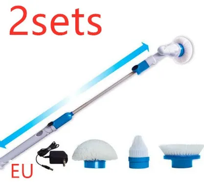 Blue rechargeable electric cleaning brush with retractable extension rod and three brush heads