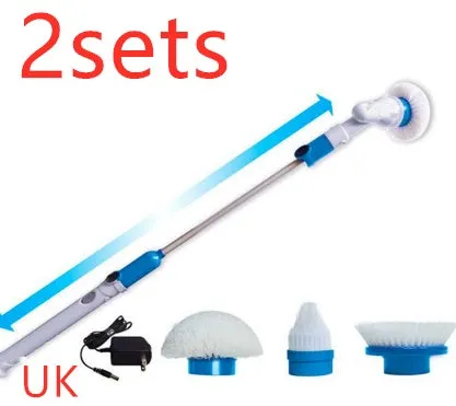 Blue rechargeable electric cleaning brush with retractable extension rod and three brush heads