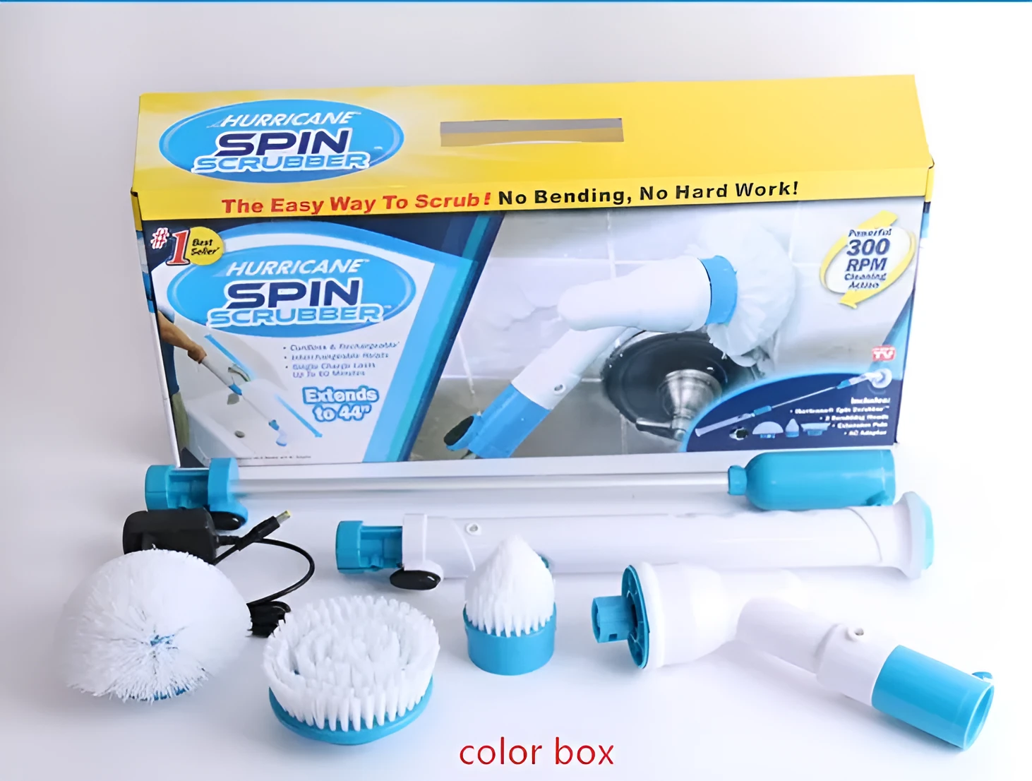 Blue rechargeable electric cleaning brush with retractable extension rod and three brush heads