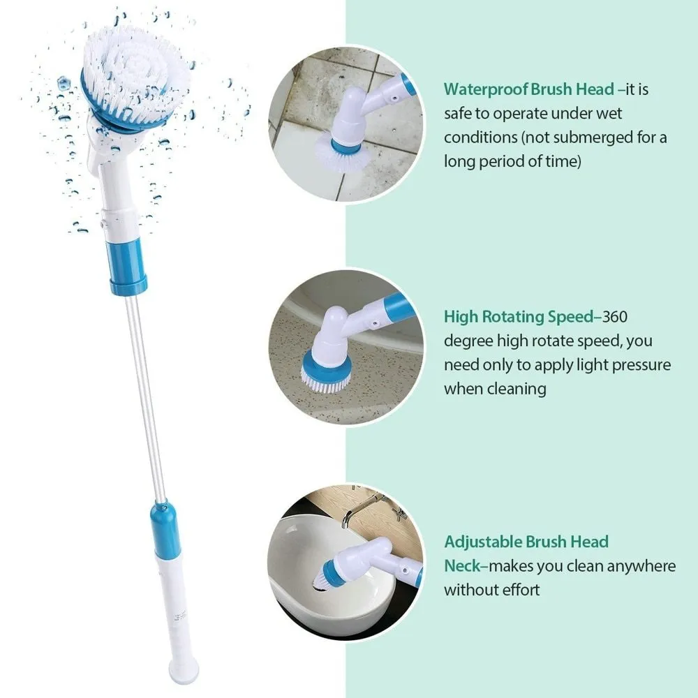 Blue rechargeable electric cleaning brush with retractable extension rod and three brush heads