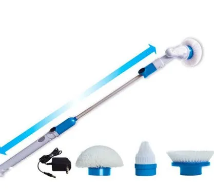 Blue rechargeable electric cleaning brush with retractable extension rod and three brush heads