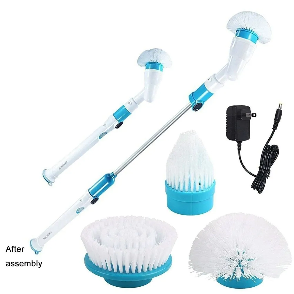 Blue rechargeable electric cleaning brush with retractable extension rod and three brush heads