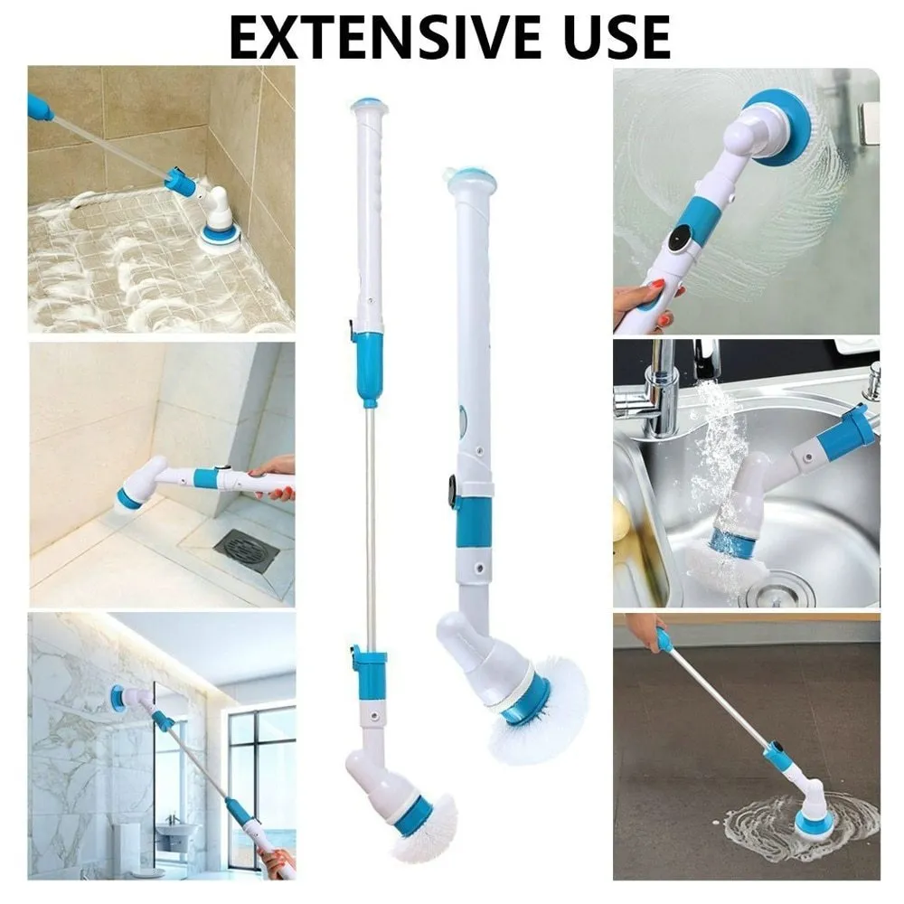 Blue rechargeable electric cleaning brush with retractable extension rod and three brush heads