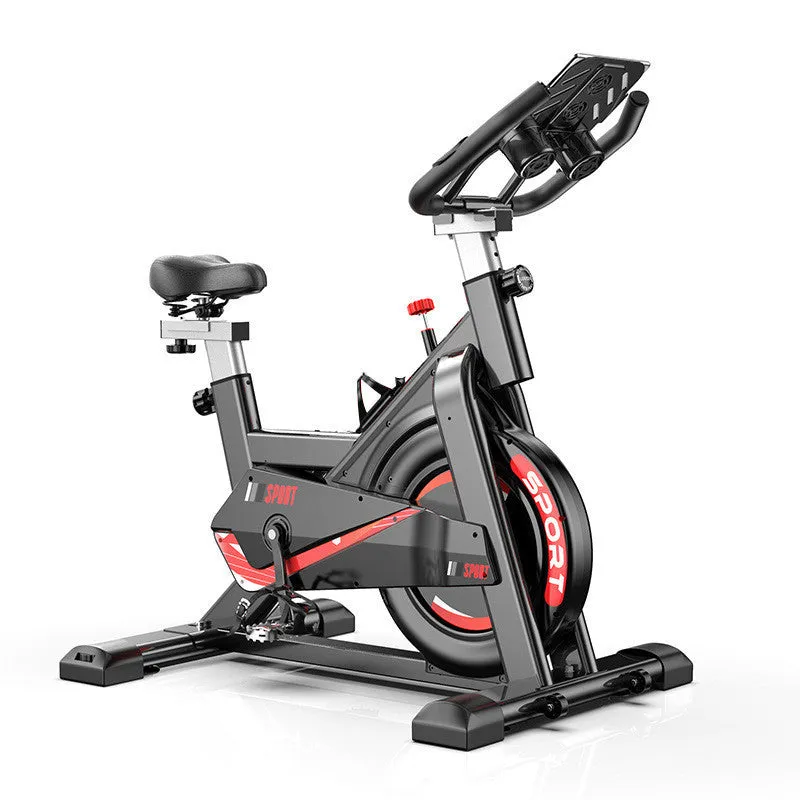Black upright spinning bike with padded saddle and handlebars for home fitness