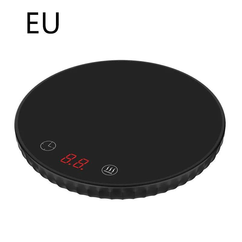 Electric touch cup warmer heating mat with digital display, 18W, 115mm diameter, on a desk