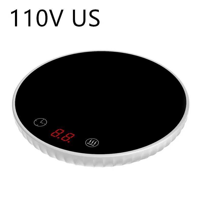 Electric touch cup warmer heating mat with digital display, 18W, 115mm diameter, on a desk