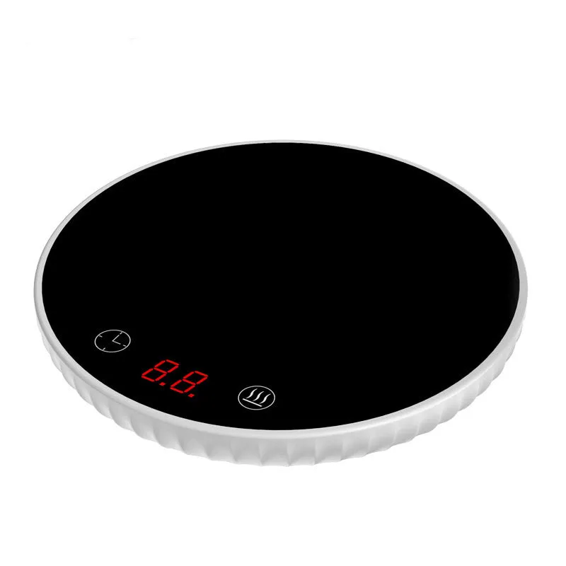 Electric touch cup warmer heating mat with digital display, 18W, 115mm diameter, on a desk
