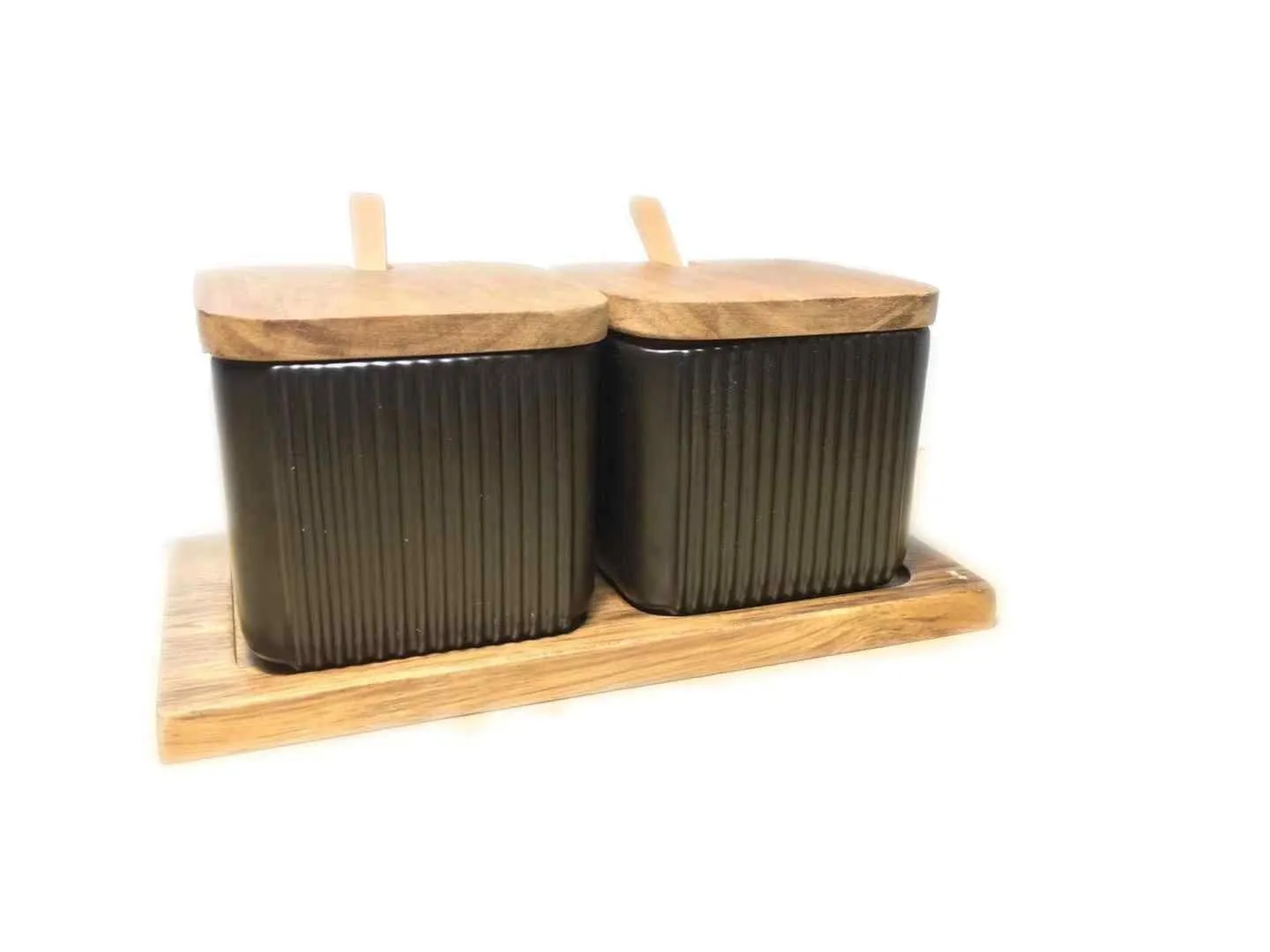 Ceramic seasoning jar set with matte glaze finish and wood lids, available in 2 or 3 pieces, black blue white options