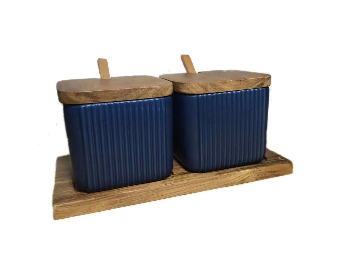 Ceramic seasoning jar set with matte glaze finish and wood lids, available in 2 or 3 pieces, black blue white options