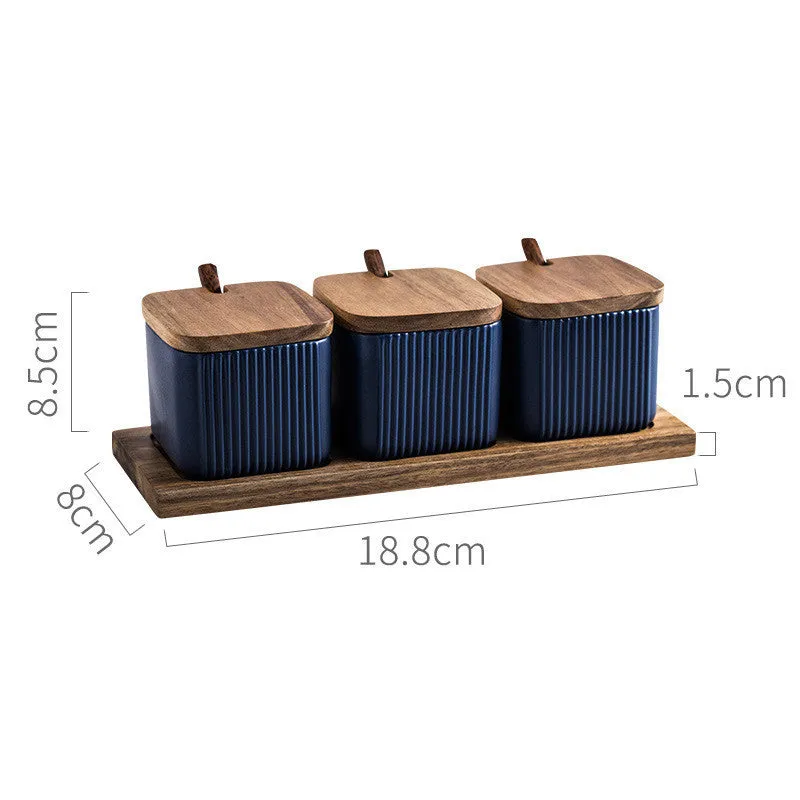 Ceramic seasoning jar set with matte glaze finish and wood lids, available in 2 or 3 pieces, black blue white options