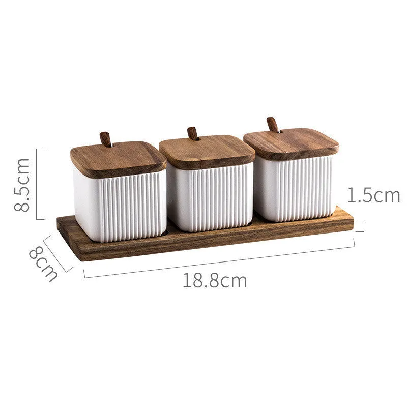 Ceramic seasoning jar set with matte glaze finish and wood lids, available in 2 or 3 pieces, black blue white options