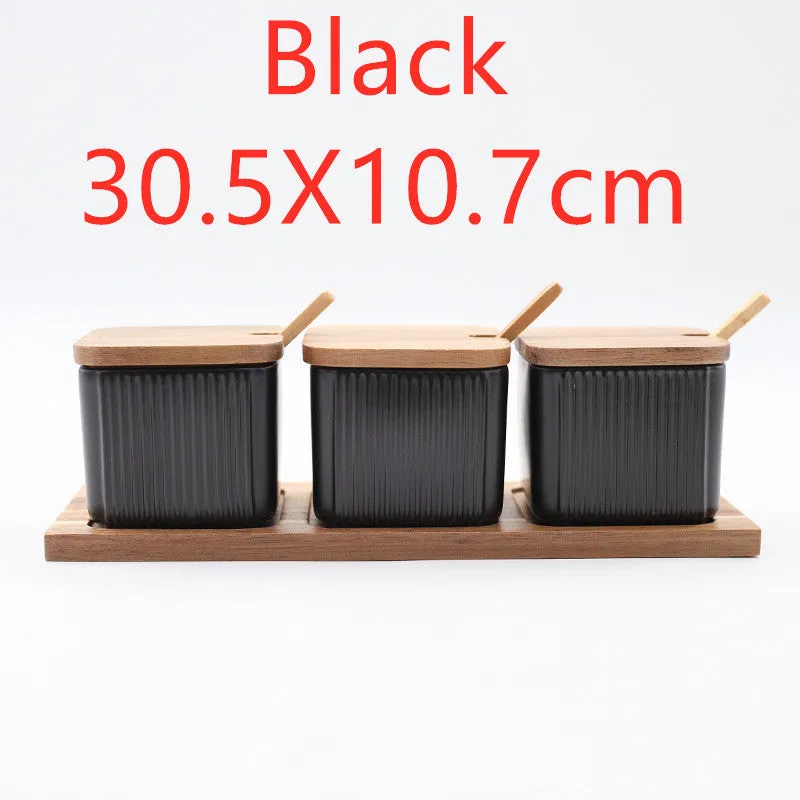 Ceramic seasoning jar set with matte glaze finish and wood lids, available in 2 or 3 pieces, black blue white options