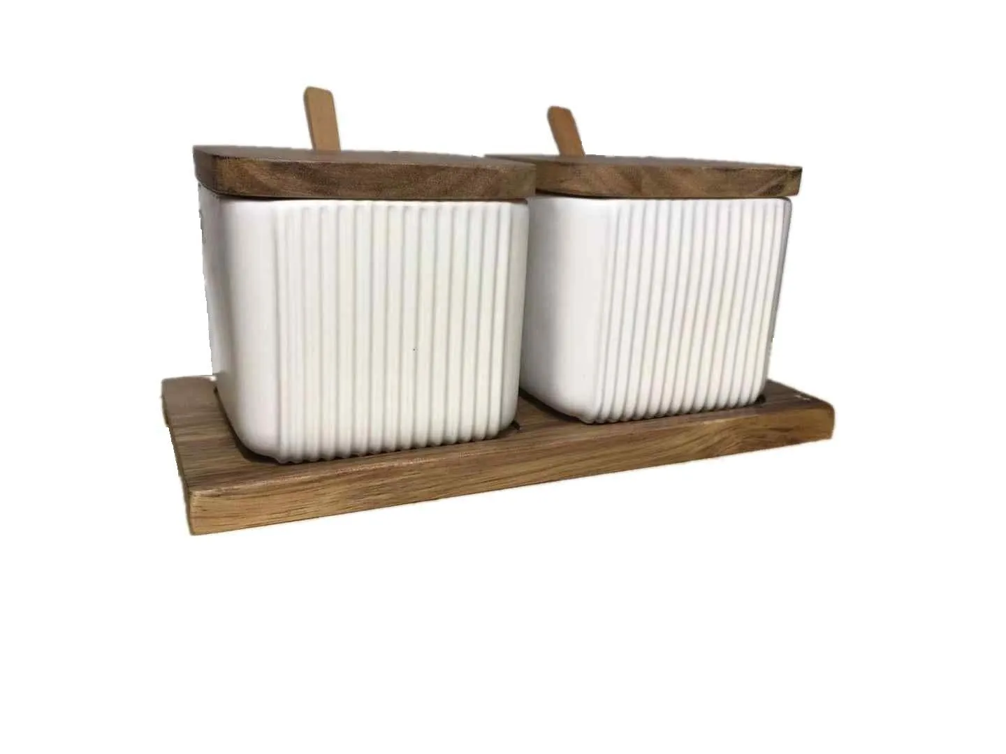 Ceramic seasoning jar set with matte glaze finish and wood lids, available in 2 or 3 pieces, black blue white options