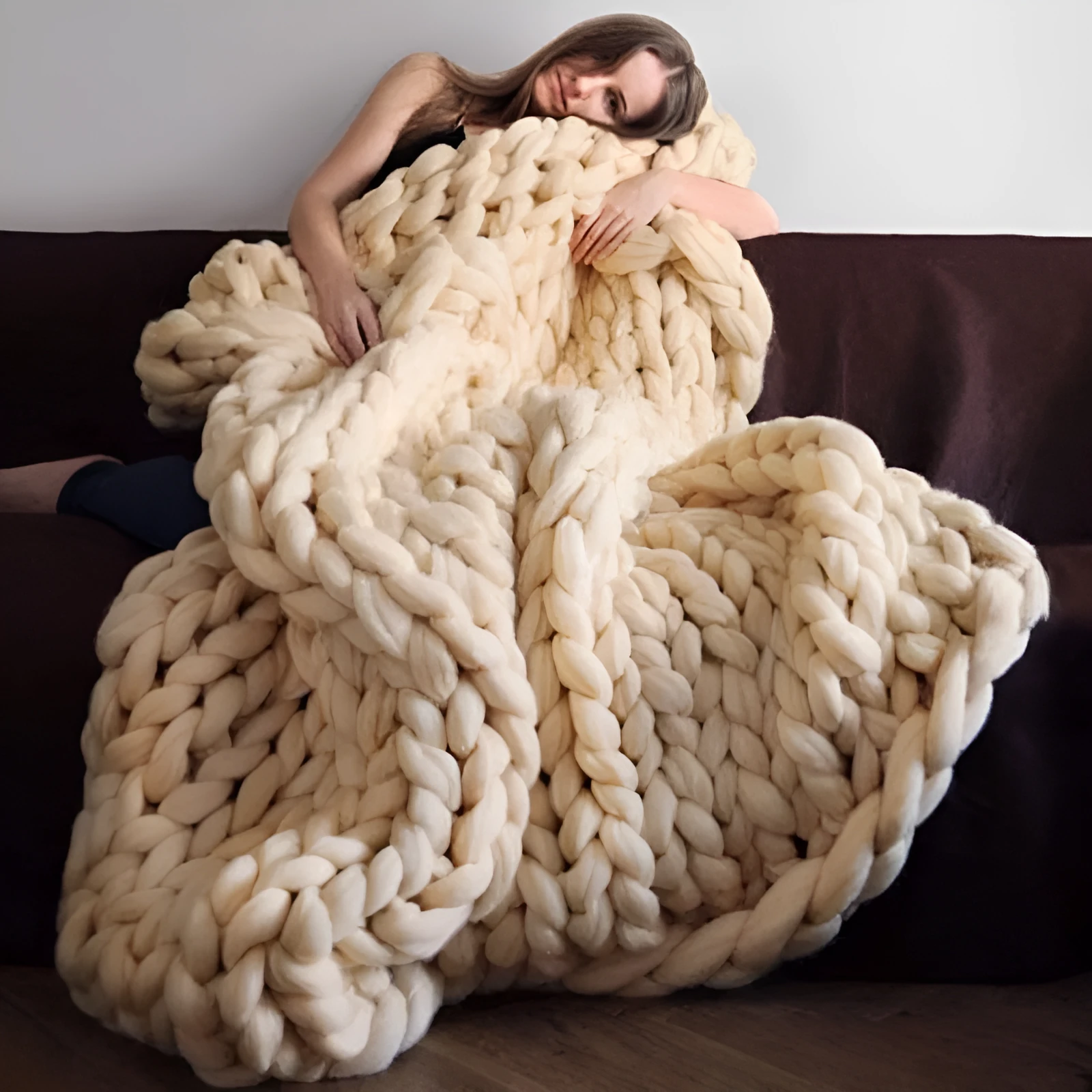 Nordic thick acrylic hand-woven blanket in white colour with plain pattern