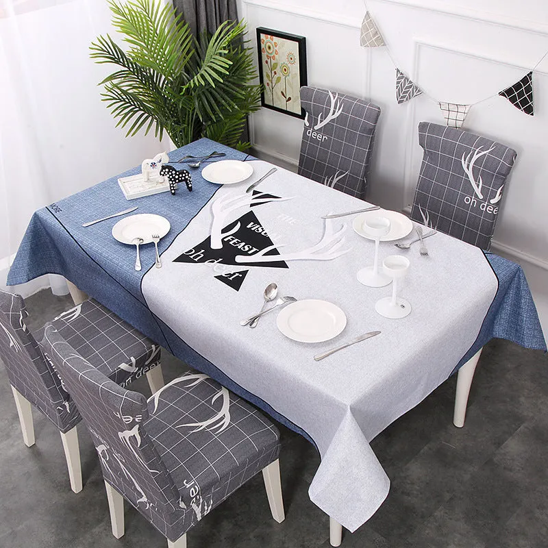 European style rectangular polyester tablecloth with Nordic antlers pattern on a wooden dining table