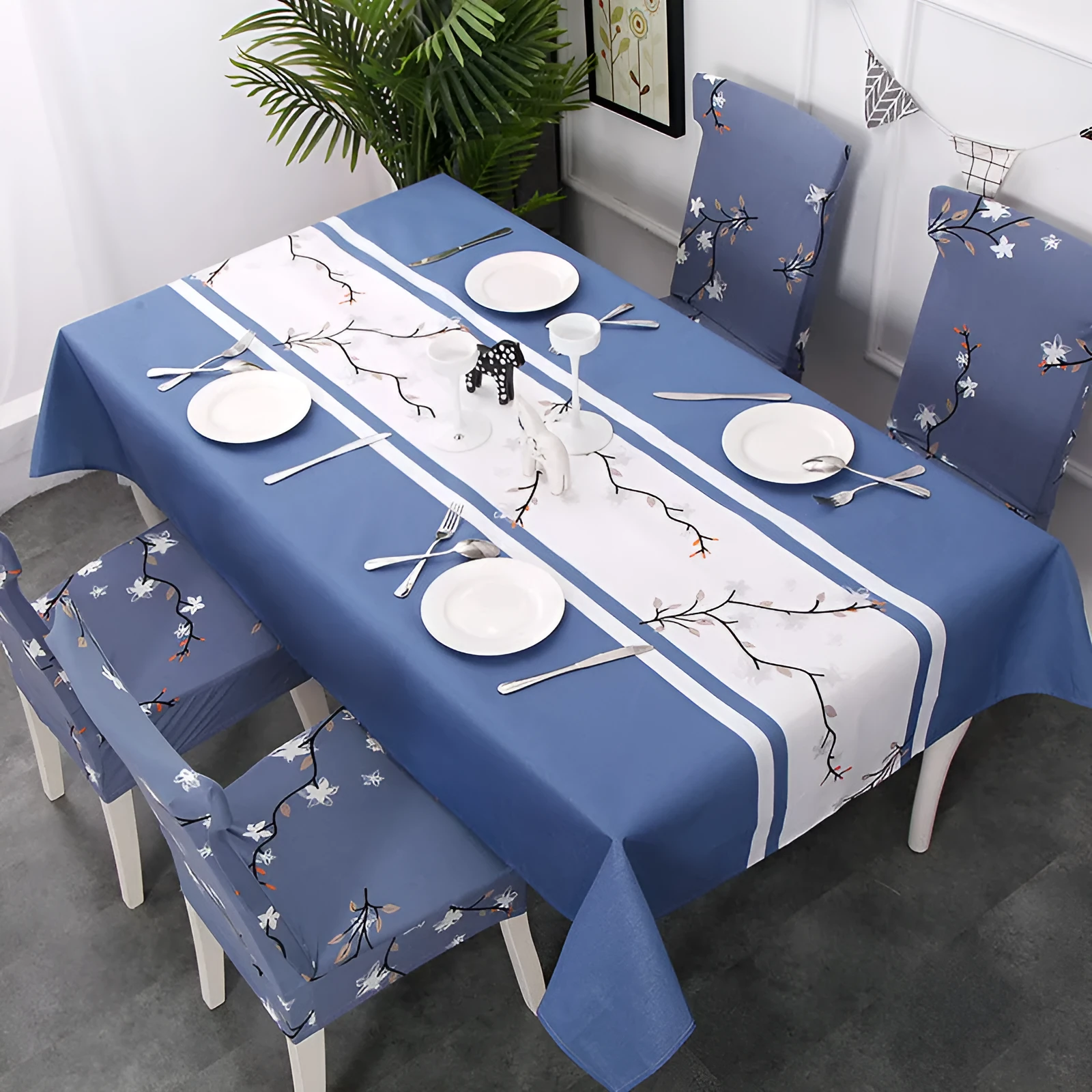 European style rectangular polyester tablecloth with Nordic antlers pattern on a wooden dining table